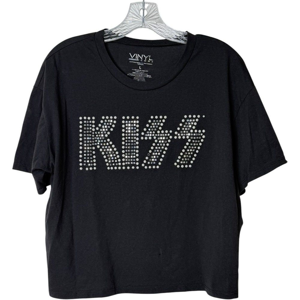 Vinyl Icons KISS 1980's Rock Bejewled Short Sleeve Black Crop Top Womens Large